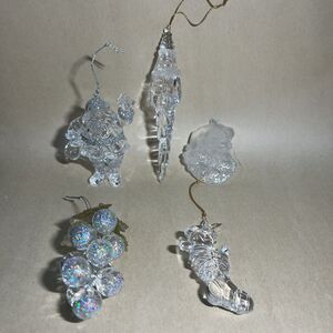Set of 5 Acrylic Iridescent Glitter Christmas Tree Ornaments Santa, Bear, Grapes